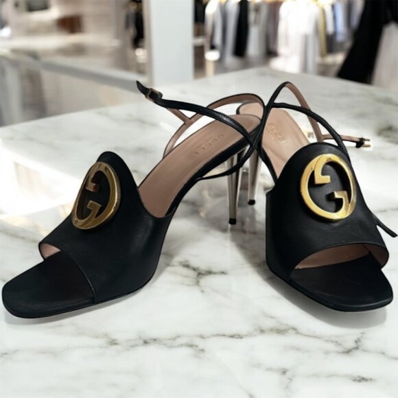 Gucci Blondie Logo High Heel Sandals Black Gold – Size 41 (New in Box) - Picture 2 of 7